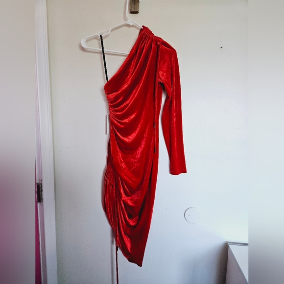New MONSE Velvet Ruched Asymmetrical Mini Dress - Picture 8 of 10